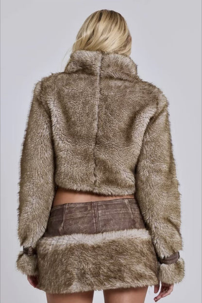 Cropped Patchwork Stand Collar Coat