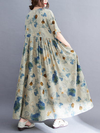 Artistic Retro Loose Printed Pleated Vacation Midi Dress