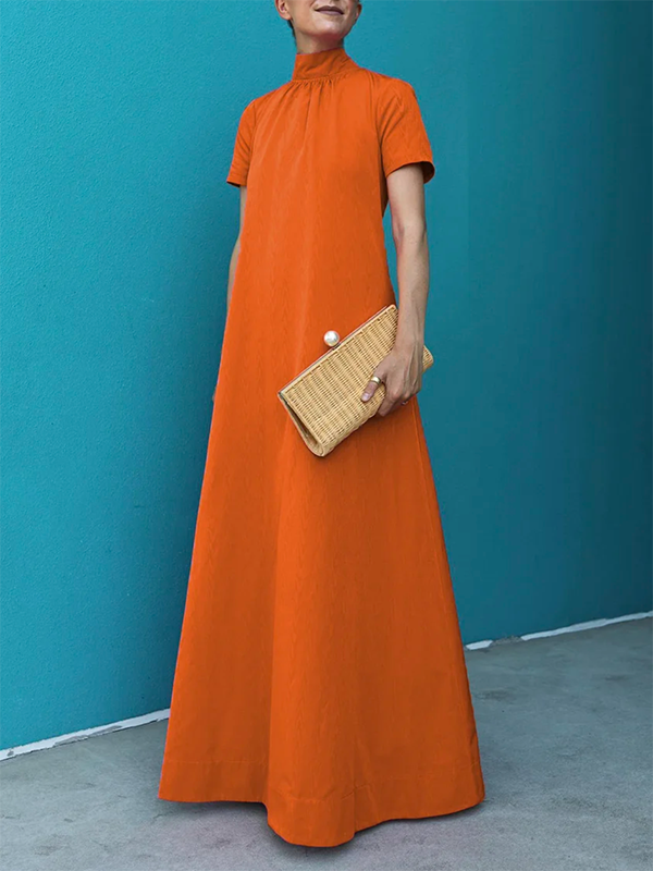 Loose Short Sleeves Color High-neck Maxi Dresses