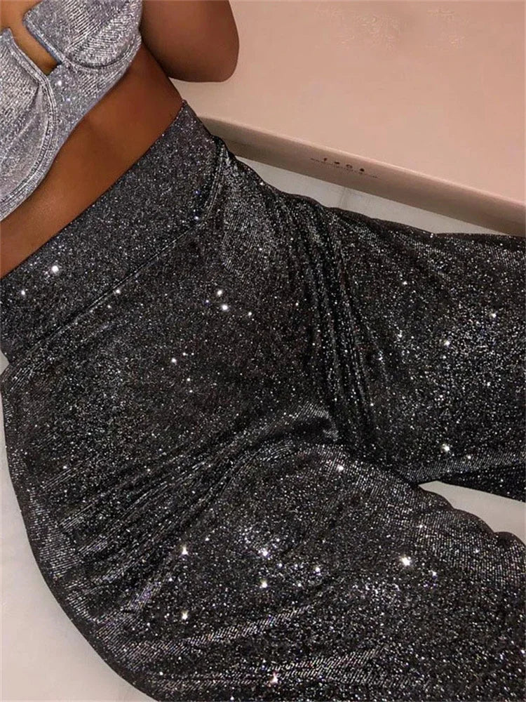 Sliver Glitter High Waist Pants Straight Leg Party Night Clubwear Trousers Sparkly Bottom