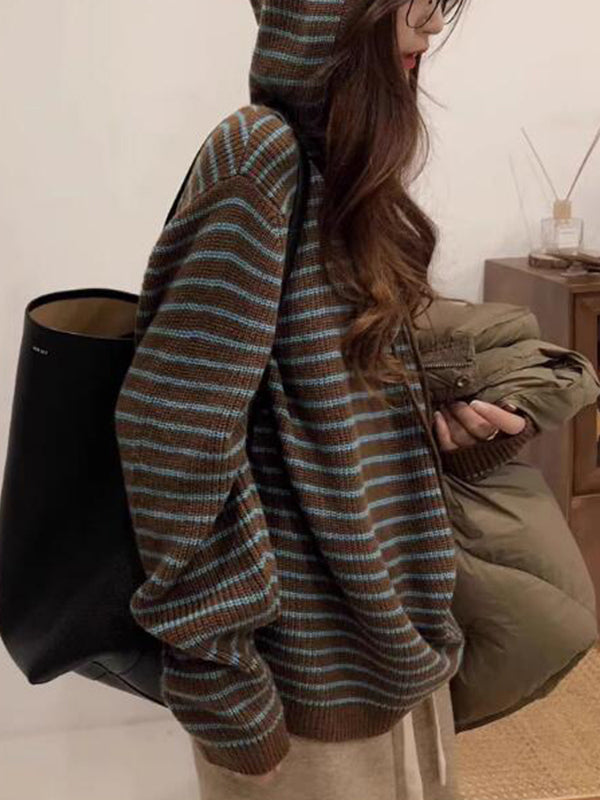Coffee Color Hooded Stripe Lace Up Sweater
