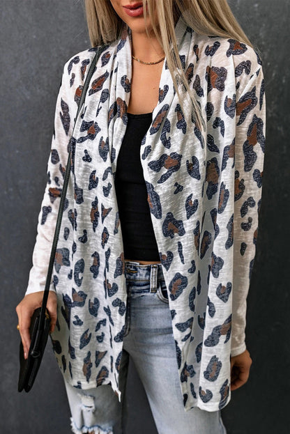White Leopard Print Open Front Cardigan