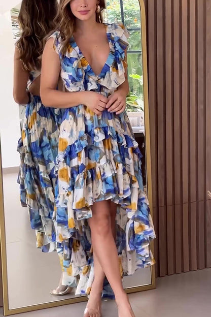 Print V-neck Backless Resort Maxi Dress