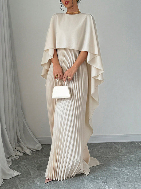 Cape High-low Pleated Color Split-joint Round-neck Evening Dresses Maxi Dresses