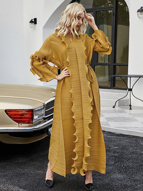 Original Loose Long Sleeves Tied Pleated Falbala Color V-neck Maxi Dresses