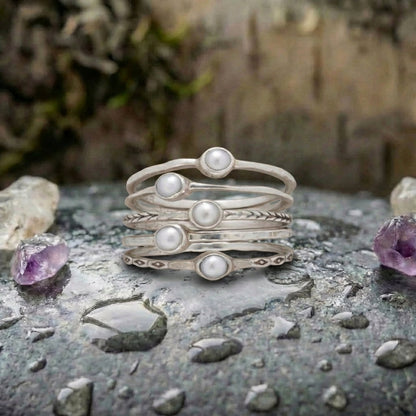 Vintage Inlaid Pearls Layered Silver Ring