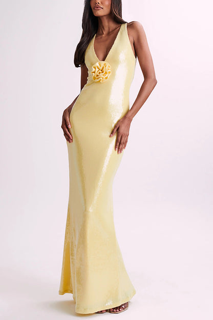 Sicilian Rose Sequin Three-dimensional Backless Maxi Dress
