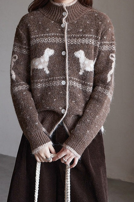 Stand Collar Puppy Print Jacquard Sweater
