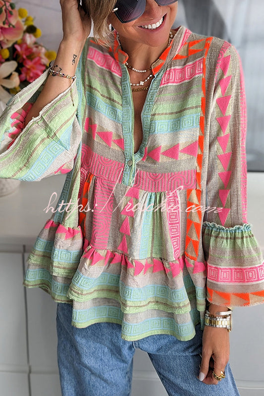 Phylis Linen Blend Colorful Print Bell Sleeve Babydoll Blouse