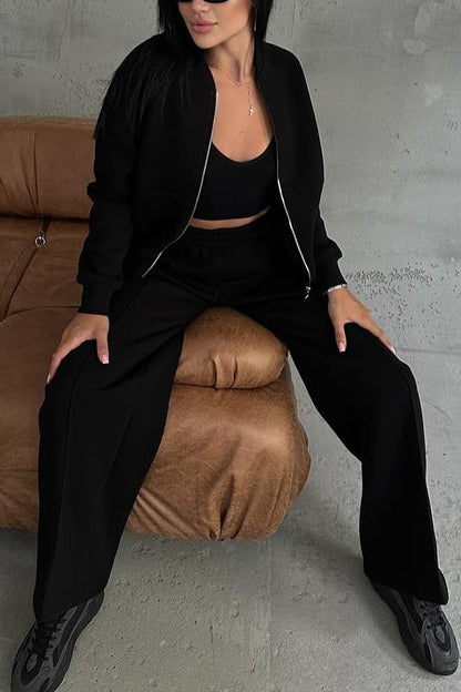 Color Long Sleeve Zipper Jacket and Elastic Waist Pocket Wide Leg Pants Set