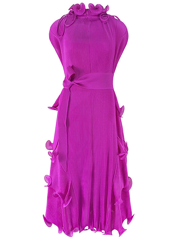 Loose Bandage Lacy Color High-neck Midi Dresses