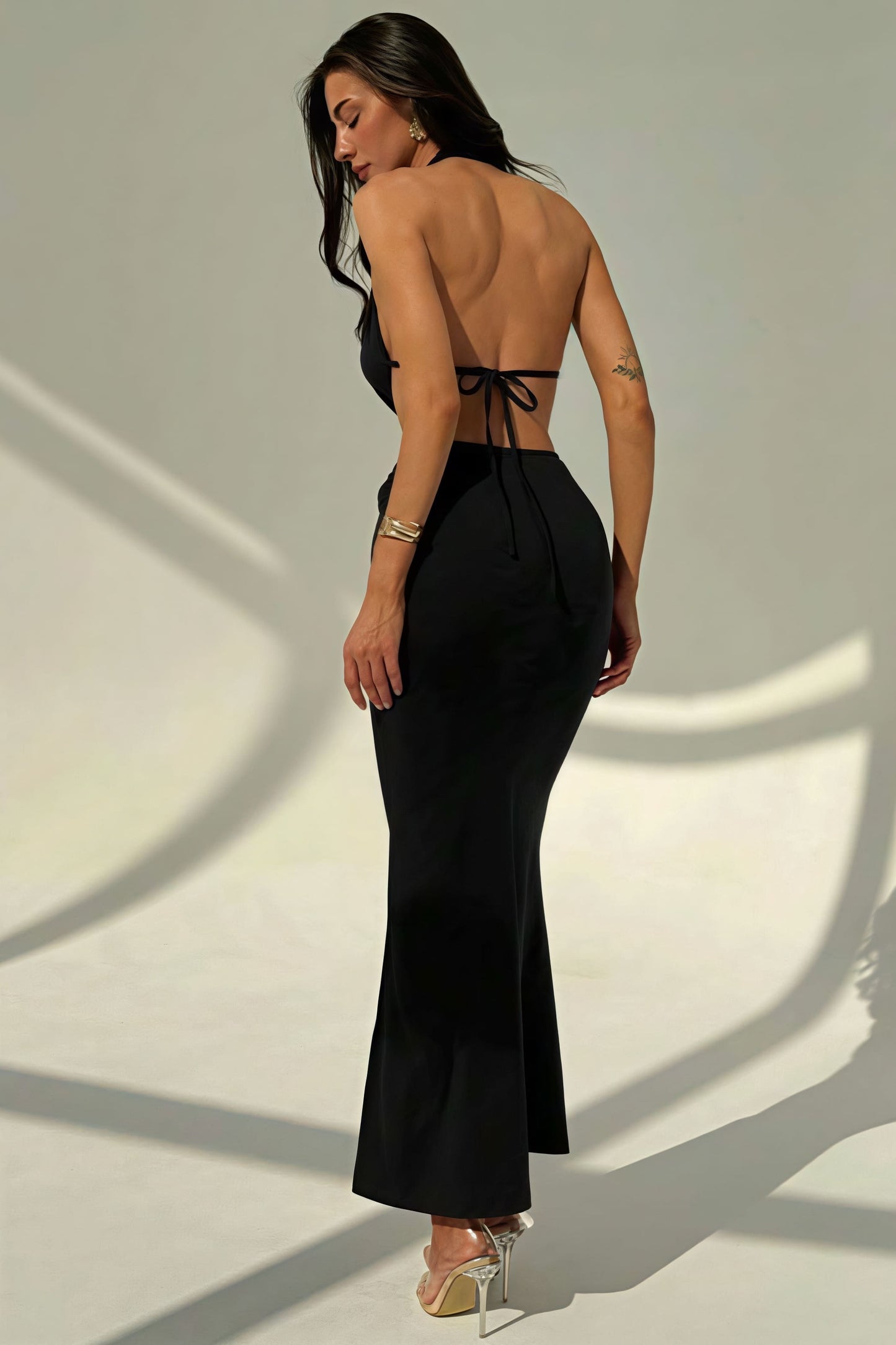 Halter Deep V Neck Backless Metal Maxi Dress