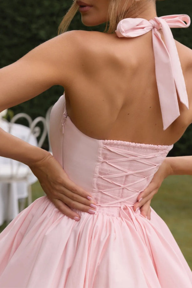 Halter Tie Bow Puffy Hem Mini Dress