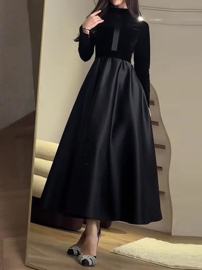 A-line Long Sleeves Pleated Split-joint Zipper Mock Neck Maxi Dresses