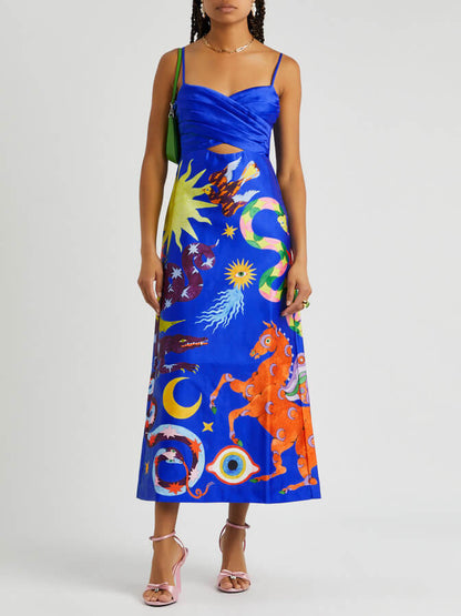 Summer Satin Backless Printed Sleeveless Midi Dress