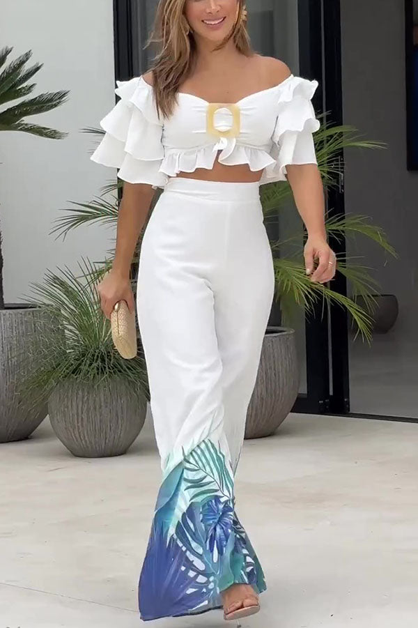 Off Shoulder Top and High Waisted Wide Leg Printed Pants Suit