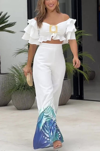 Off Shoulder Top and High Waisted Wide Leg Printed Pants Suit