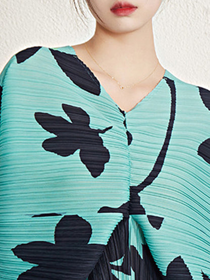 Batwing Sleeves Loose Pleated Printed V-neck Midi Dresses