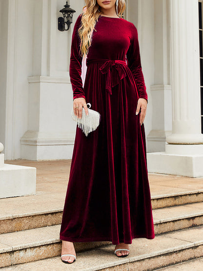 Long Sleeves Wrap Belted Pleated Color Zipper Round-neck Maxi Dresses