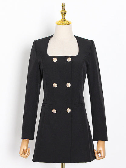 A-line High Waisted Buttoned Pockets Shoulder Pad Square-neck Blazer Mini Dresses