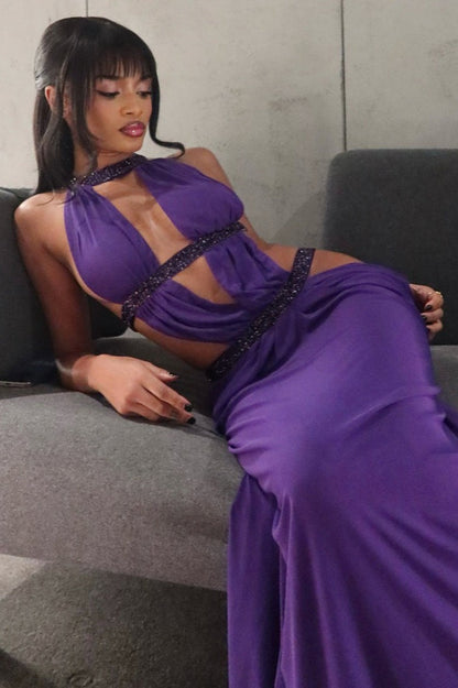 Cutout Rhinestone Backless Maxi Dress