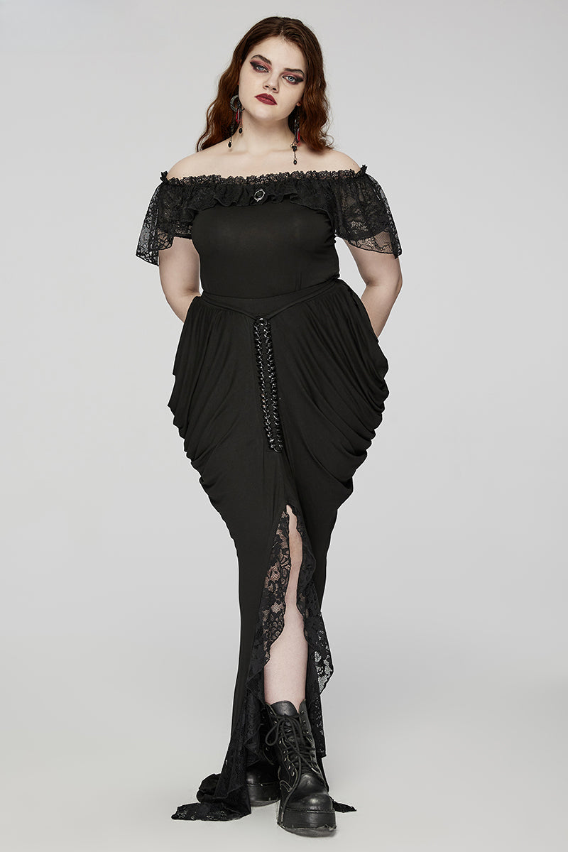 Gothic Knitted and Lace Hip Side Designed Pleat Long Elegance Personality Party Skirt