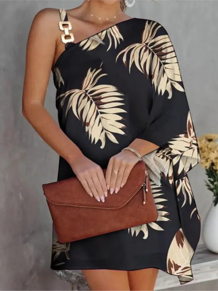 Summer Dresses for Irregular Mini Dress Gown One Shoulder Diagonal Neck Print Vestidos