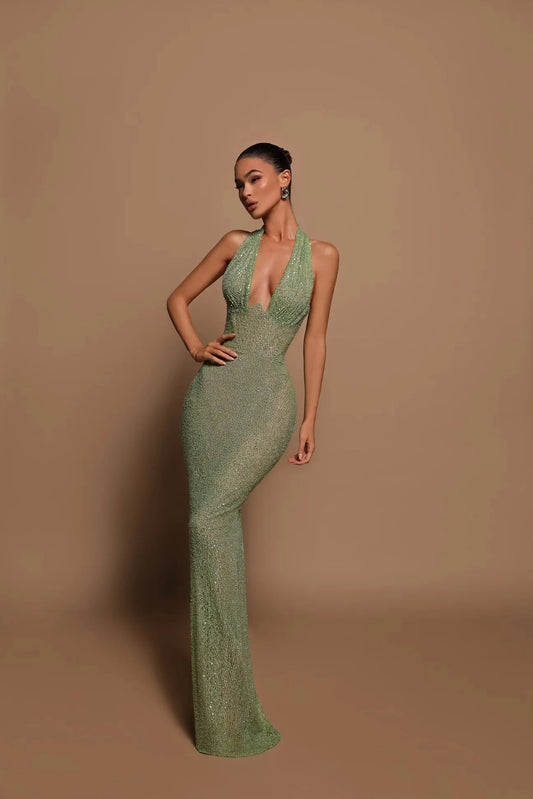 Zinnia Green Beaded Halter Maxi Dress