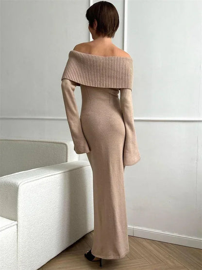 White Autumn Knit Sweater Long Dress Ribbed High Waist Off-shoulder Loose Party Dress Female Knitwear Dress
