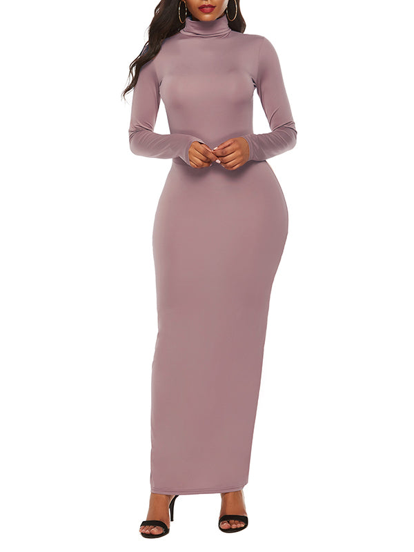 Bodycon Long Sleeves Color High Neck Maxi Dresses