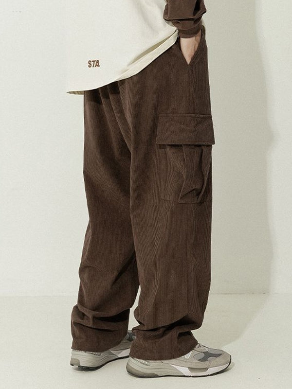 Brown Corduroy Flap Pocket Lace Up Cargo Pants