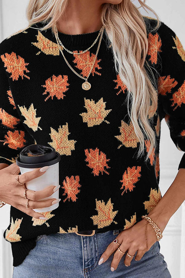 Maple Leaf Pattern Loose Knitted Sweater