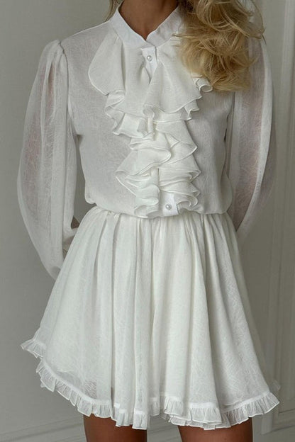 Ruffled Stand Collar Long Sleeve Mini Dress