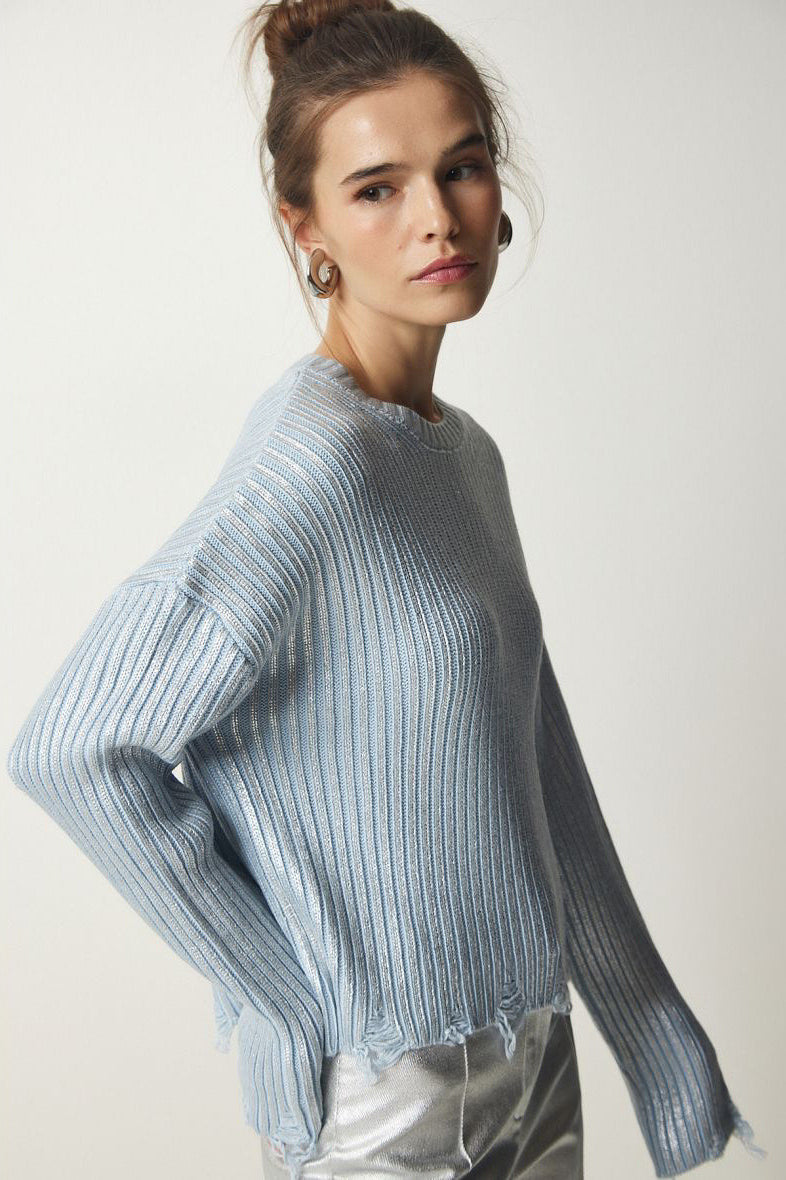 Simple Silver Foil Loose Slim Long Sleeve Sweater