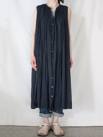 Loose Sleeveless Pleated See-through Round-neck Midi Dresses
