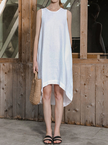 High-low Loose Color Round-neck Midi Dresses