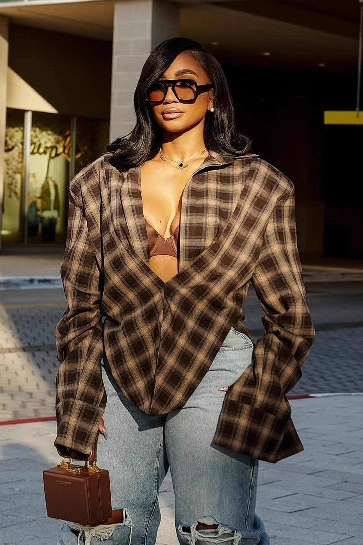 Plaid Collared Asymmetrical Blouse