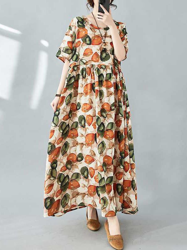 Half Sleeves Loose Pleated Printed Split-joint Round-neck Midi Dresses