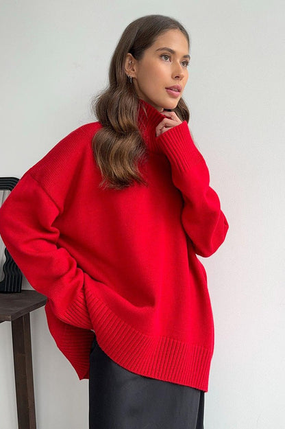 High Neck Slouchy Slim-fit Knit Sweater