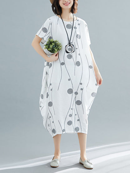 Loose Short Sleeves Printed Round-neck Midi Dresses