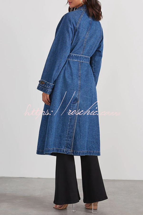 Color Denim Double Pocket Button Down Midi Trench Coat