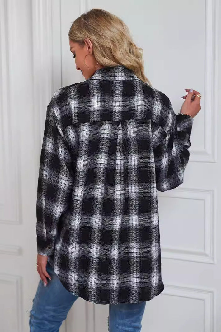 Boyfriend Fit Plaid Collared Blouse