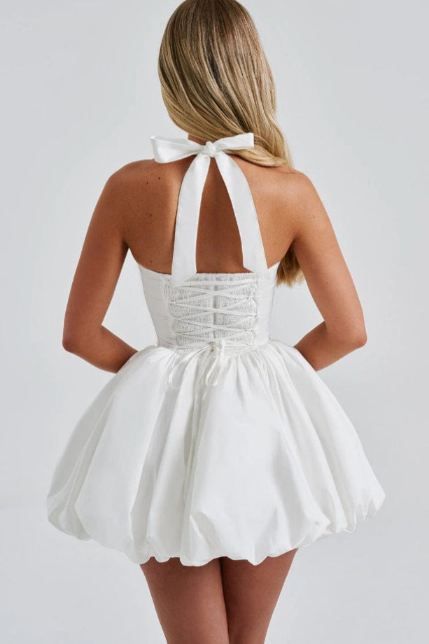 Halter Tie Bow Puffy Hem Mini Dress