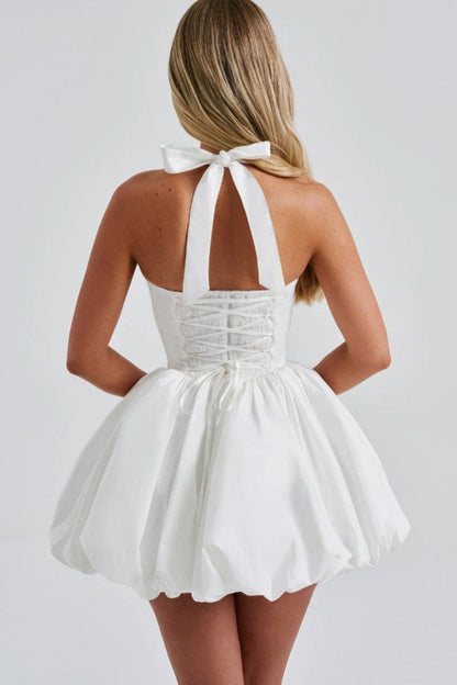 Halter Tie Bow Puffy Hem Mini Dress