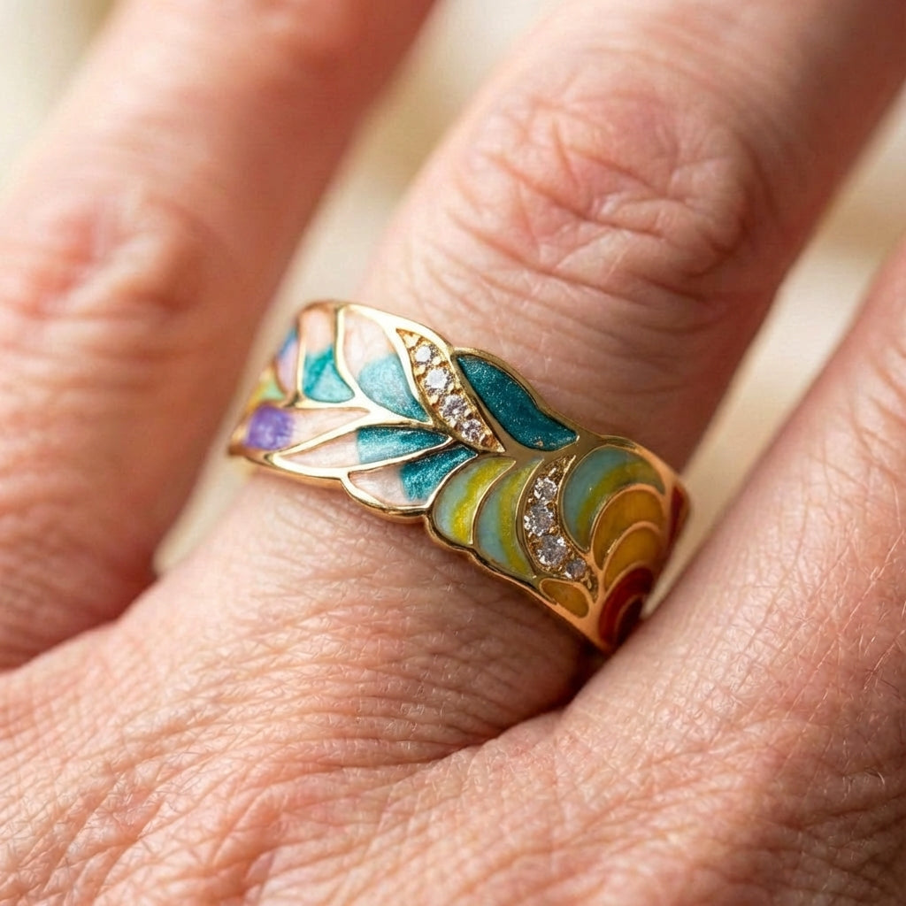 Vintage Enamel Colorful Gold Ring