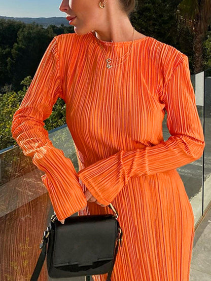 Long Sleeves Skinny Pleated Color Split-joint Round-neck Maxi Dresses