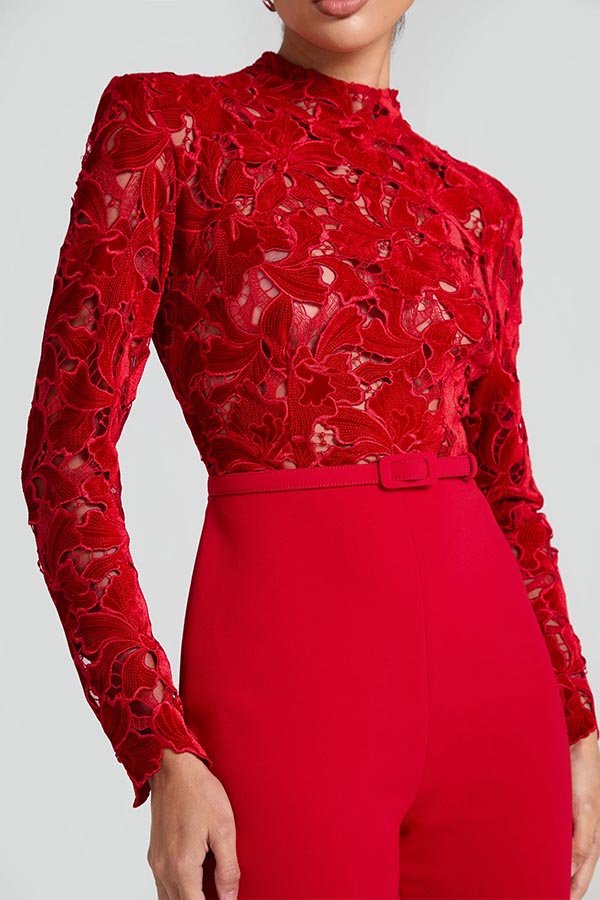Eleanor Embroidered Lace Long Sleeve Patchwork Belt Flare Jumpsuit