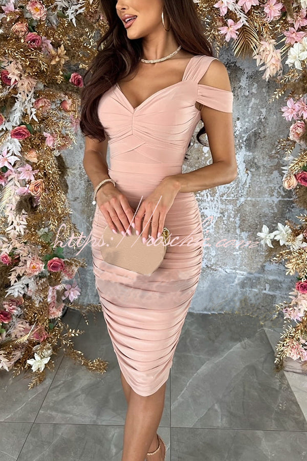 Raise a Toast Cold Shoulder Ruched Pencil Midi Dress
