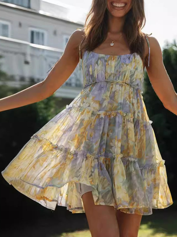A-line Loose Flower Print Layered Pleated Split-joint Tied Spaghetti-neck Mini Dresses