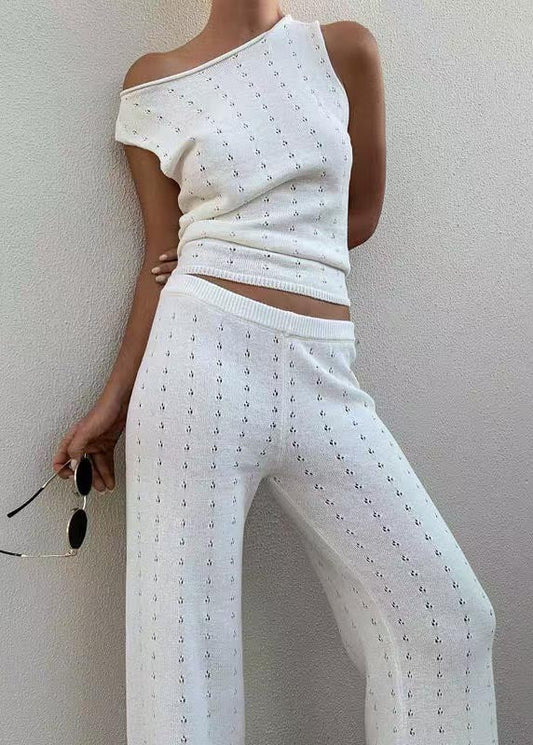 White Hollow Out Flatering Knit Vests and Straight Pants Two Piece Set Sleeveless
